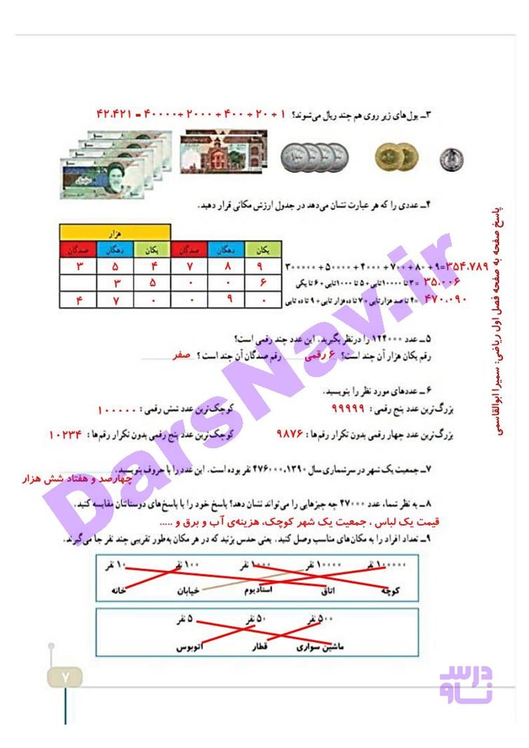 پاسخ فصل یک ریاضی چهارم  صفحه 6