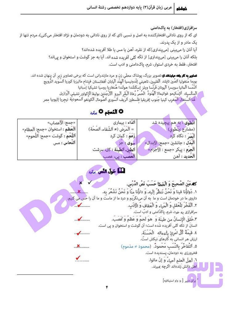 پاسخ درس 1 عربی دوازدهم انسانی صفحه 2